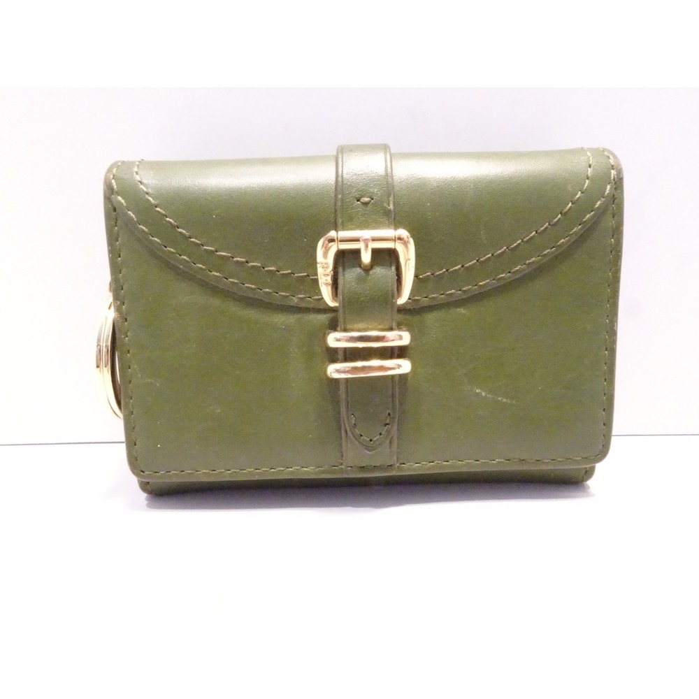 Lauren Ralph Lauren Olive Green Leather Trifold Buckle Wallet with Key Ring